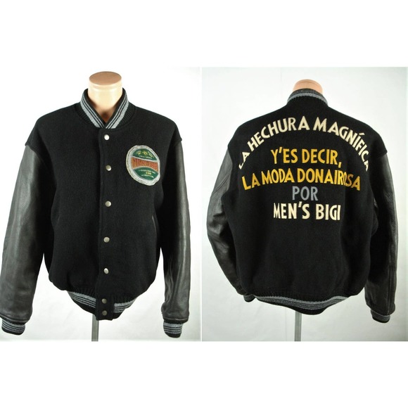 Size M 80s Varsity Letterman Wool Leather Jacket Black Men's Vintage BIGI Japan - Picture 2 of 8